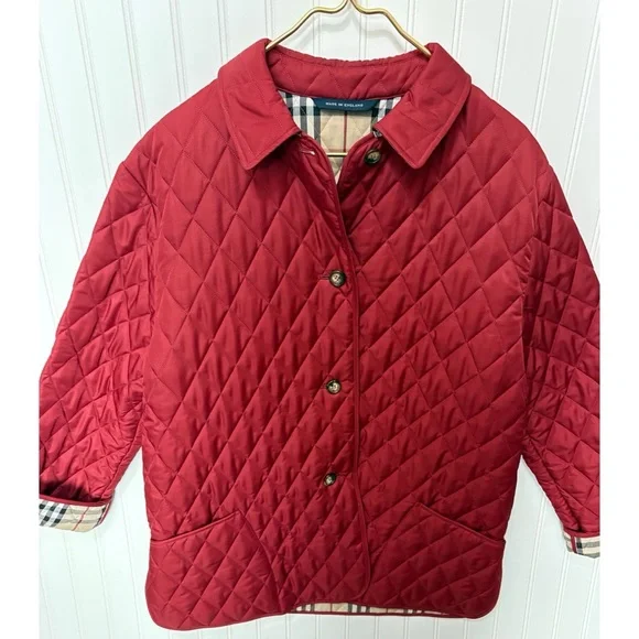 BURBERRY LONDON Red Plaid Quilted Nova Check Utility Jacket Womens Size Small